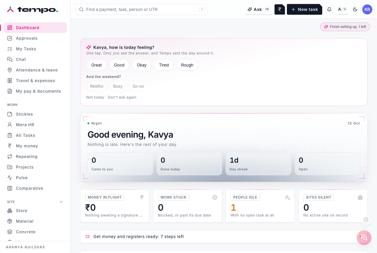 The dashboard of a clean advanced Tempo for a company called Aranya Builders